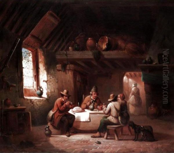 Peasants Drinking In An Interior Oil Painting by Camille Vennemann