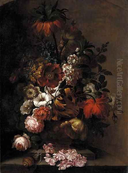 A crown imperial lily, tulips, daffodils, hollyhocks, roses and other flowers in an urn with a snail on a ledge Oil Painting by Pieter Faes