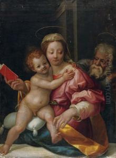 The Holy Family In An Interior Oil Painting by Marcello Venusti