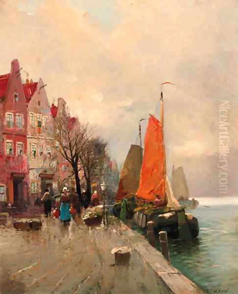 Figures on a Dutch quay Oil Painting by Georg Fischof