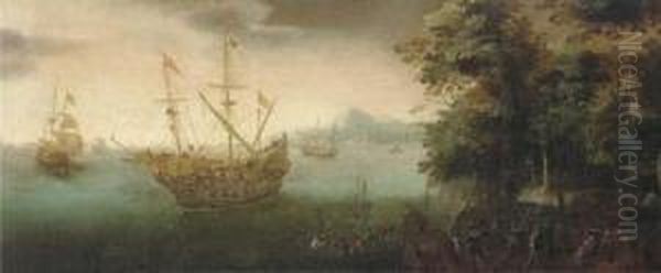 A Coastal Landscape With Soldiers Disembarking From Aman-o'-war Oil Painting by Cornelis Verbeeck