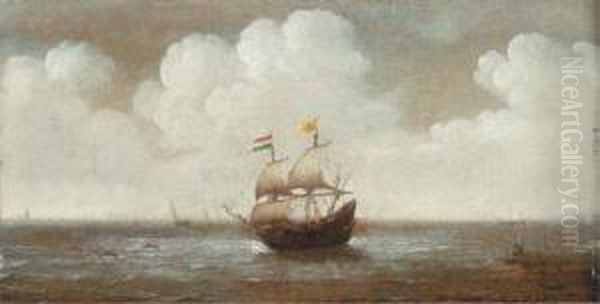 A Dutch Frigate In Choppy Waters And A Man Fishing On Theshore Oil Painting by Cornelis Verbeeck