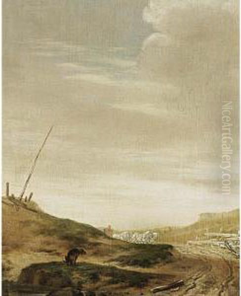 A Dune Landscape With A Horsedrawn Waggon On A Path, And A Dog In The Foreground Oil Painting by Pieter Cornelisz. Verbeeck