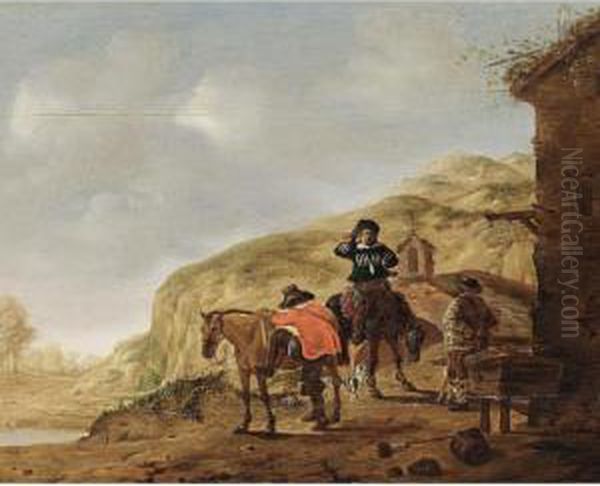 Two Horsemen Resting Near A Tavern In A Hilly Landscape Oil Painting by Pieter Cornelisz. Verbeeck