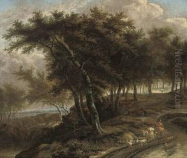 A Wooded Landscape With A Shepherd And His Flock On A Track Oil Painting by Adriaen Hendricksz. Verboom