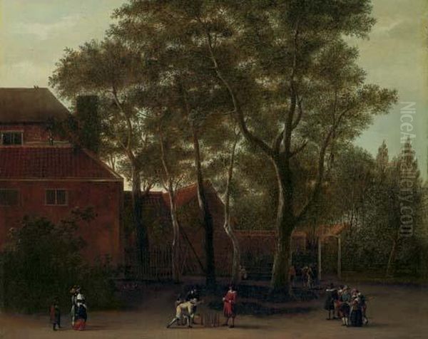 Figures Playing Skittles In A Street Outside A Town Oil Painting by Adriaen Hendricksz. Verboom