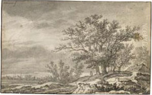 Dune Landscape With A Cottage And A Figure Under Trees Oil Painting by Adriaen Hendricksz. Verboom