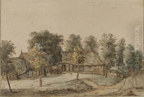 A Landscape With A Farmhouse And A Woman Standing In The Doorway by Adriaen Hendricksz. Verboom