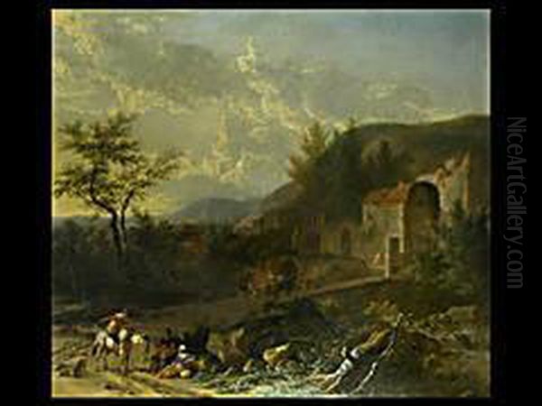 Tiefe Landschaft Mit Reitern, Wanderern Und Dorf Oil Painting by Adriaen Hendricksz. Verboom