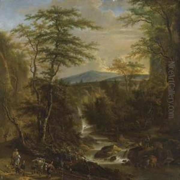 Southern Forest Landscape With 
Waterfall, Travellers And Fishermen The Figures Probably By Johannes 
Lingelbach. Oil Painting by Adriaen Hendricksz. Verboom