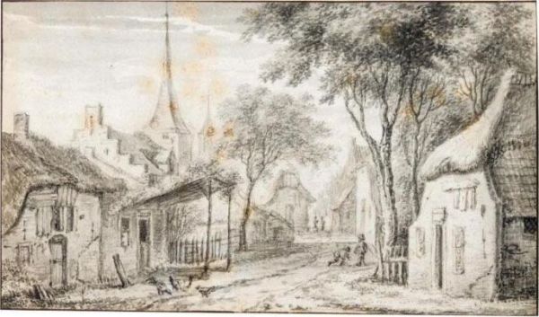 A Village Street, With Children Playing And Chickens To The Left Oil Painting by Adriaen Hendricksz. Verboom