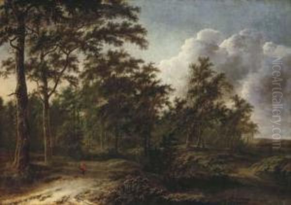 A Wooded Landscape With Huntsmen On A Path Oil Painting by Adriaen Hendricksz. Verboom