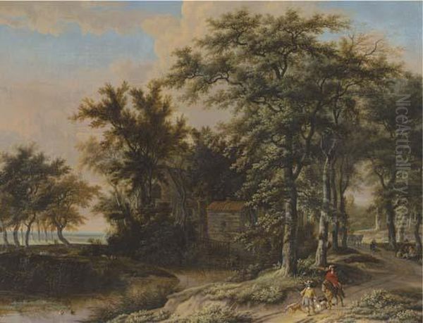 A Wooded Landscape With Hunters On A Path Oil Painting by Adriaen Hendricksz. Verboom