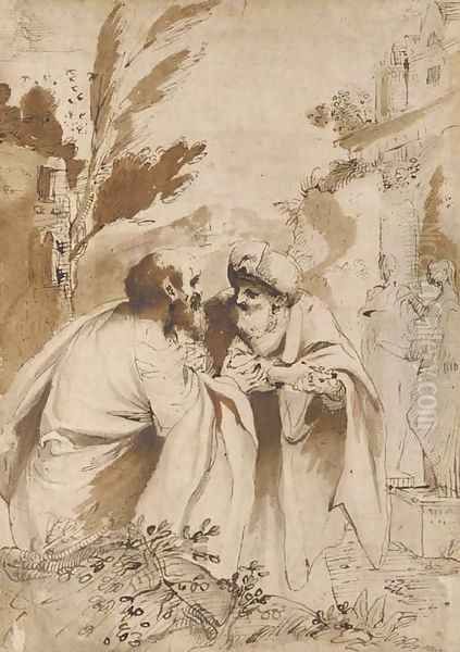 The two Elders conversing, Susannah in the background entering the bath Oil Painting by Pietro Faccini