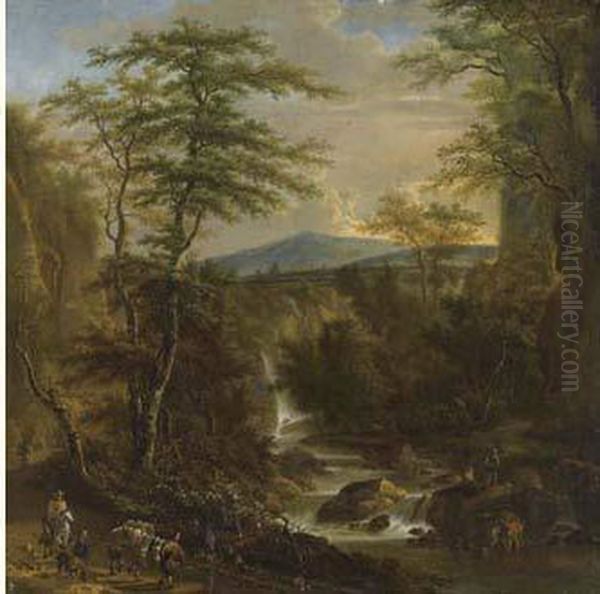 Southern Forest Landscape With 
Waterfall, Travellers And Fishermen The Figures Probably By Johannes 
Lingelbach. Oil Painting by Adriaen Hendricksz. Verboom