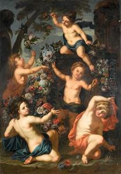 Putti Amid Garlands Of Flowers Beside A Stoneurn Oil Painting by Caspar Pieter I Verbrugghen