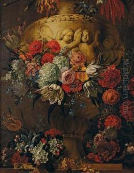 Bouquet De Fleurs Sur Un Entablement Oil Painting by Caspar Pieter I Verbrugghen