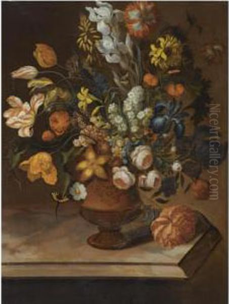 A Still Life Of Peonies, Roses, 
Parrot Tulips, Daffodils, A Sun Flower, Fuchsia's And Other Flowers In A
 Sculpted Vase, On A Stone Table Oil Painting by Caspar Pieter I Verbrugghen