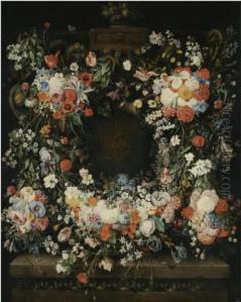 A Garland Of Flowers Decorating An Ornamental Carved Stonestructure Oil Painting by Caspar Pieter I Verbrugghen