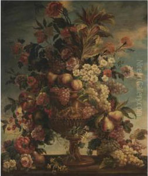 A Bouquet Of Flowers And Fruit On A Stone Ledge Oil Painting by Caspar Pieter I Verbrugghen