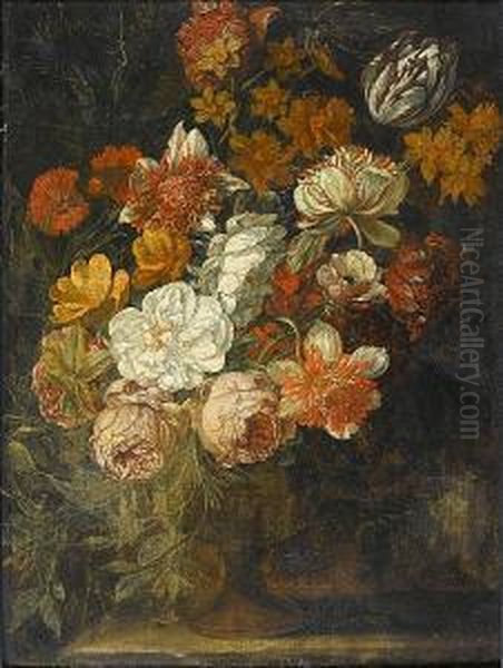 Roses, Chrysanthemums, Thistles, Narcissi And Other Flowers In A Stone Vase On A Ledge Oil Painting by Caspar Pieter I Verbrugghen