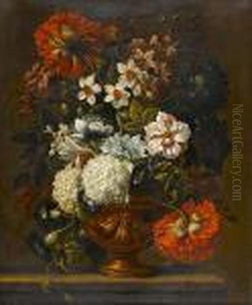 Chrysanthemums, Narcissi, 
Snowballs, Morning Glory And Other Flowers In A Bronze Urn On A Stone 
Ledge Oil Painting by Caspar Pieter I Verbrugghen