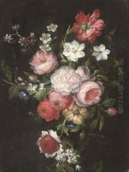 A Swag Of Roses, Narcissi And Other Flowers Oil Painting by Caspar Pieter I Verbrugghen