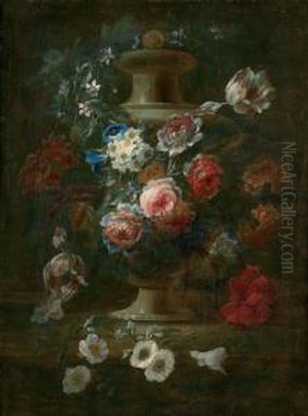 Guirlande De Fleurs Autour D'un Vase Oil Painting by Caspar Pieter I Verbrugghen