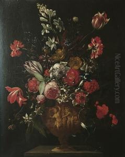 A Still Life Of Flowers In An Urn With A Relief Of Pan And Syrinx Oil Painting by Caspar Pieter I Verbrugghen