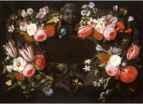 Bouquets Of Mixed Flowers Decorating A Feigned Stone Cartouche, With Butterflies Oil Painting by Caspar Pieter I Verbrugghen