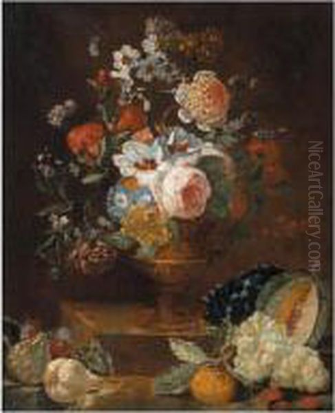 Still Life Of Flowers In A Gilt Vase, Upon A Stone Plinth, Together With Fruit Oil Painting by Caspar Pieter I Verbrugghen