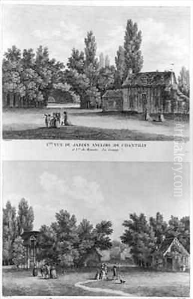 Two views of the English landscaped garden with the hamlet at Chantilly Oil Painting by Filleuil