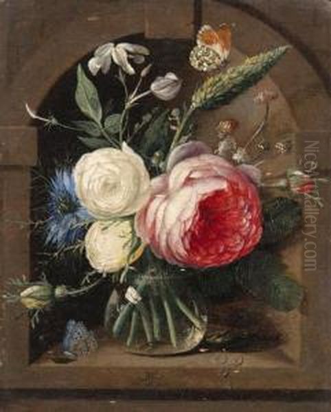 Roses, A Cornflower And 
Wildflowers In A Vase With Two Butterfliesin A Niche; And Roses, 
Bluebells And Other Flowers In A Vase With Abutterfly And Other Insects 
In A Niche Oil Painting by Caspar Pieter I Verbrugghen