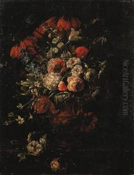 Roses, Tulips, Hyacinths And Other Flowers In A Terracotta Vase Ona Ledge Oil Painting by Caspar Pieter I Verbrugghen