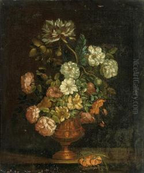 Roses, Chrysanthemums, And Other Flowers In A Sculpted Copper Urn,on A Stone Ledge Oil Painting by Gaspar-pieter The Younger Verbruggen