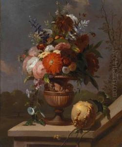 Umkreis Ein Blumen- Und Obststillleben In Einer Metallvase Auf Einer Steinbrustung Oil Painting by Gaspar-pieter The Younger Verbruggen