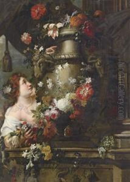 A Lady Adorning A Sculpted Urn 
With Roses, Lilies And Other Flowers, With A Draped Column And Grapes On
 A Stone Ledge Oil Painting by Gaspar-pieter The Younger Verbruggen