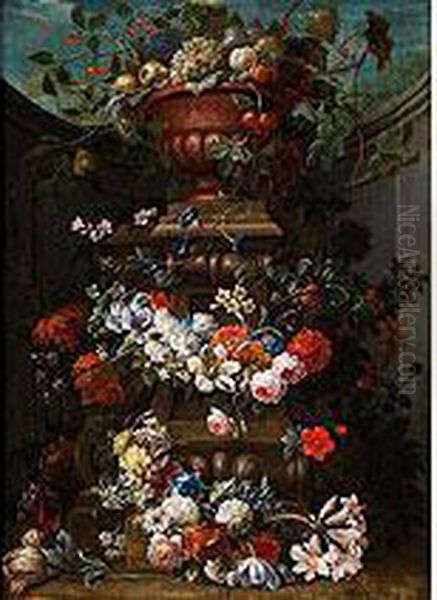 Blumenstilleben Mit Vase Auf Einem Stein Oil Painting by Gaspar-pieter The Younger Verbruggen