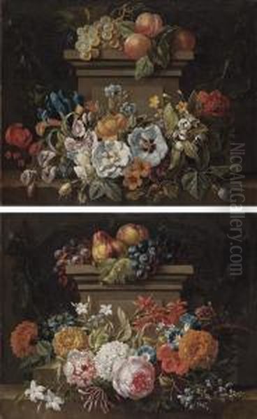 A Swag Of Flowers In A Niche Oil Painting by Gaspar-pieter The Younger Verbruggen