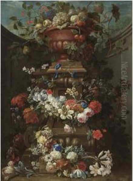 Still Life With Fruit In A 
Bronze Urn Atop A Stone Plinth Decoratedwith Garlands Of Flowers Oil Painting by Gaspar-pieter The Younger Verbruggen