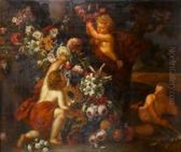 A Still Life Of A Garland Of Flowers Withputti Oil Painting by Gaspar-pieter The Younger Verbruggen