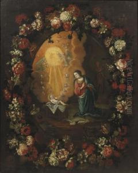 The Virgin And Child In A Stone Cartouche Surrounded By A Garlandof Mixed Flowers Oil Painting by Gaspar-pieter The Younger Verbruggen