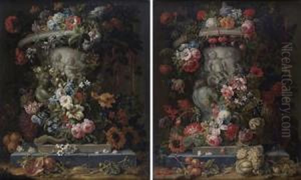 Vases Sculptes Decores De Guirlandes De Fleurs Oil Painting by Gaspar-pieter The Younger Verbruggen