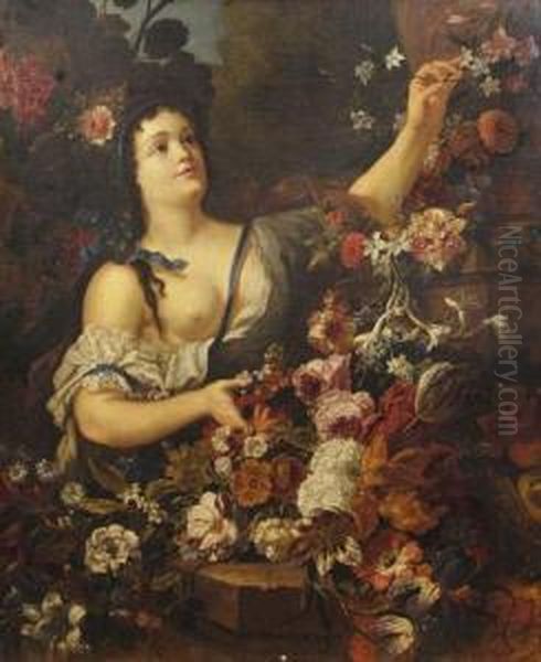 Jeune Femme Arrangeant Des Fleurs Oil Painting by Gaspar-pieter The Younger Verbruggen