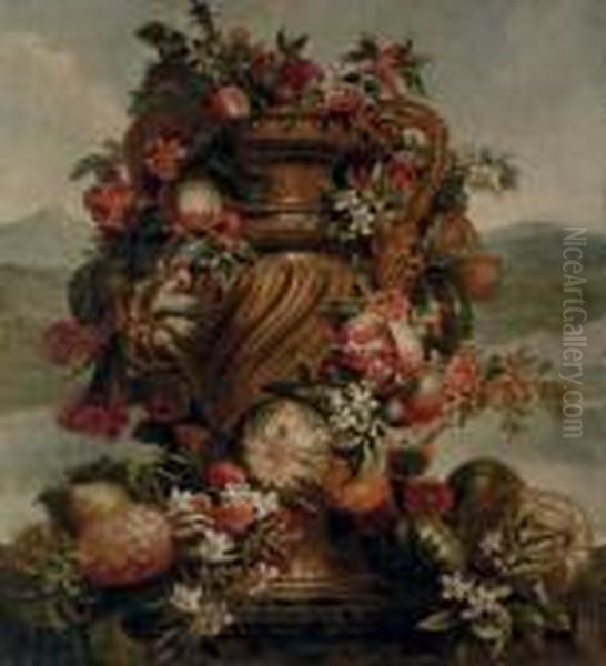 Pomegranates, A Pineapple, 
Melons, Tomatoes, Gourds, And Flowers, In An Urn On A Plinth, A River 
Landscape Beyond Oil Painting by Gaspar-pieter The Younger Verbruggen