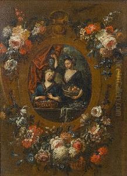 A Young Woman With A Vase Of 
Flowers, Another Holding A Bail Of Hay, In A Stone Cartouche Surrounded 
By A Garland Of Flowers; And A Young Woman Warming Her Hands, Another 
Holding A Basket Of Fruit In A Stone Cartouche Surrounded By A Garland 
Of Fl Oil Painting by Gaspar-pieter The Younger Verbruggen