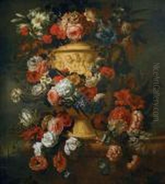  Vase Antique De Fleurs Pose Sur Un Entablement  Oil Painting by Gaspar-pieter The Younger Verbruggen