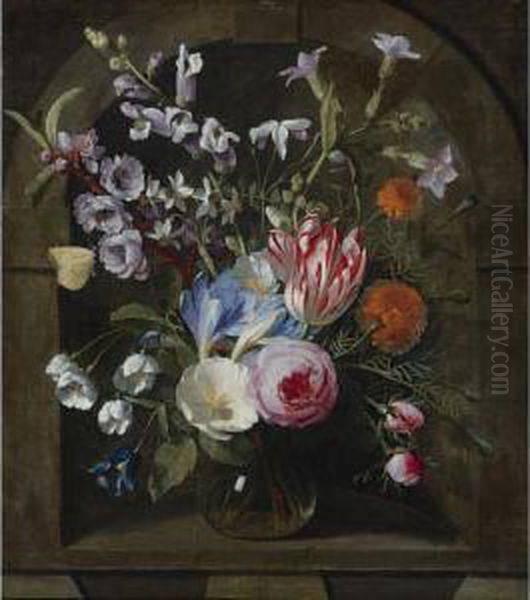 Still Life Of A Vase Of Flowers In A Niche Oil Painting by Gaspar-pieter The Younger Verbruggen