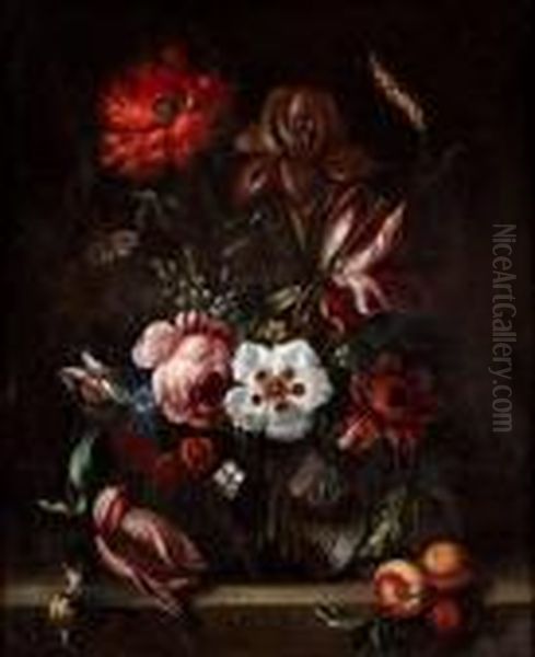 Mixed Flowers In A Glass Vase With Butterfly, Snail And Fruits On A Ledge Oil Painting by Gaspar-pieter The Younger Verbruggen