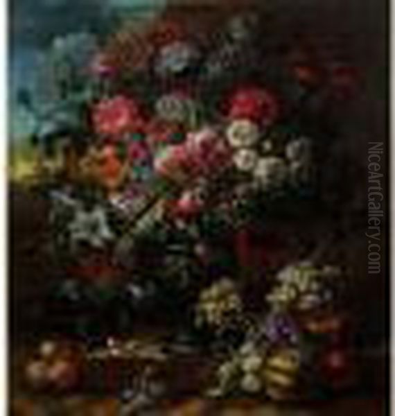 Vase De Fleurs Et Fruits Disposes Sur Une Margelle Oil Painting by Gaspar-pieter The Younger Verbruggen